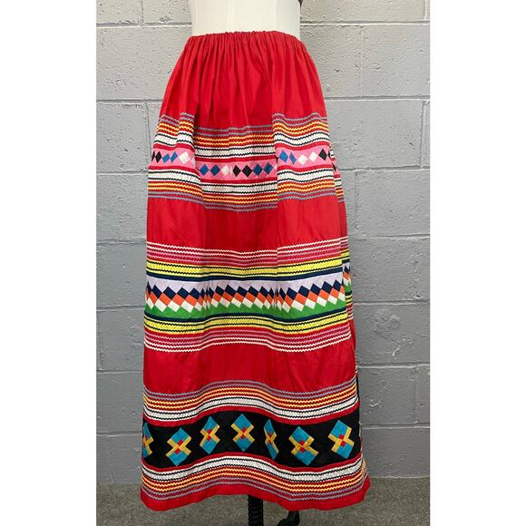 Vintage 1940s 50s Seminole Native American Patchwork Skirt Rick-Rack Red Maxi 0 - Picture 3 of 10